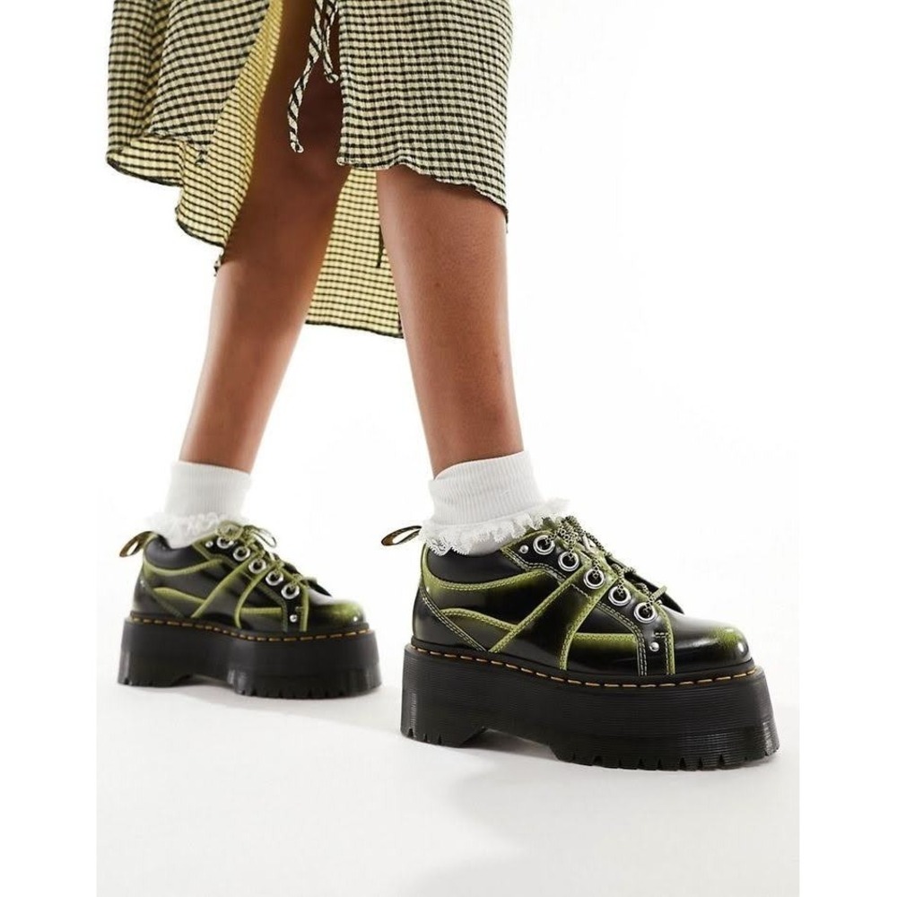 Womens Size 9 Dr. Martens Platform Boots 5-Eye Quad Max Leather Lime Green Black